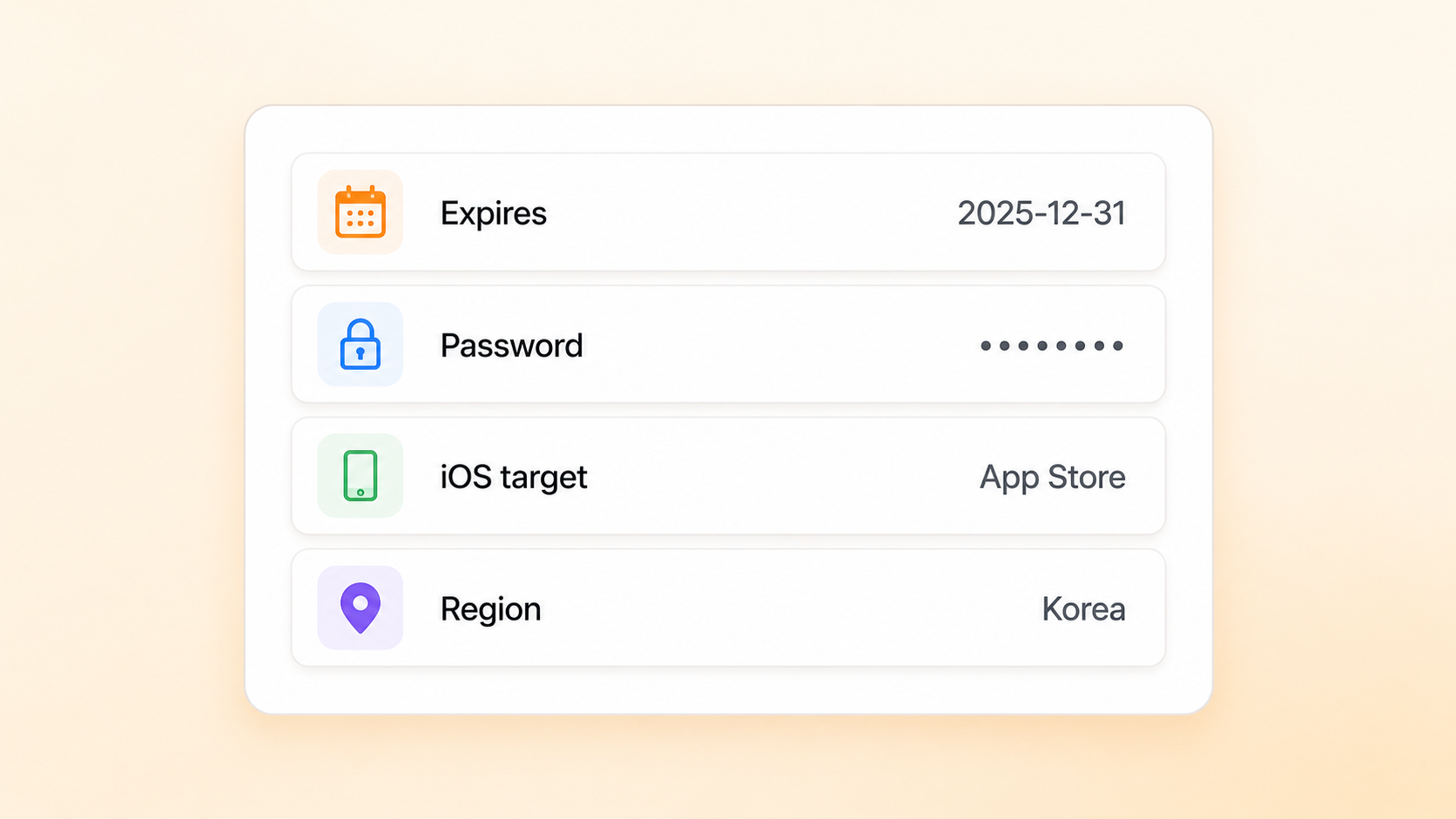Edgelink 링크 고급 옵션. 만료일, 비밀번호, iOS 타겟, 지역 등 4가지 설정이 한 패널에 정리된 모습